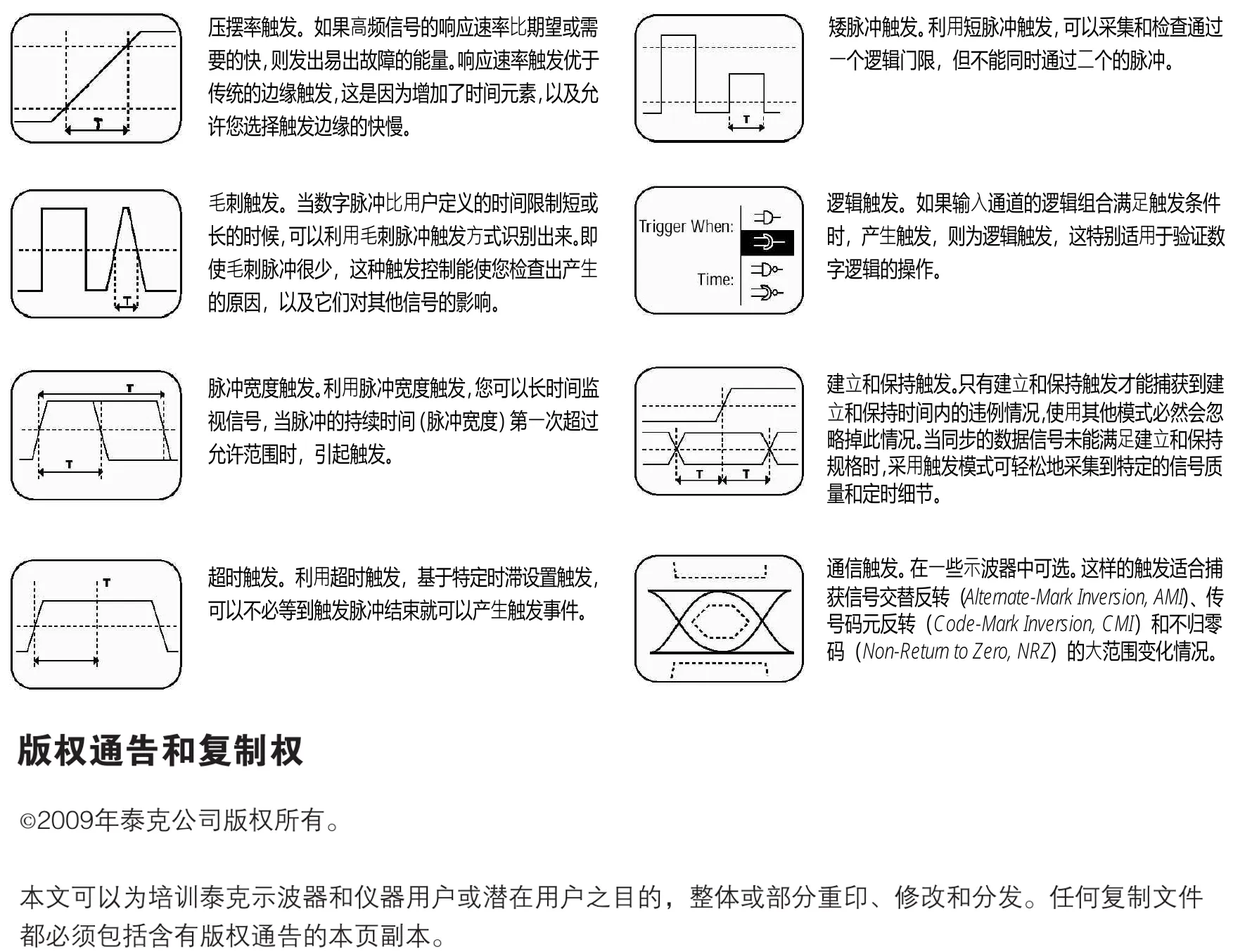 斜率、毛刺、脉宽、超时、矮脉冲与逻辑等触发条件
